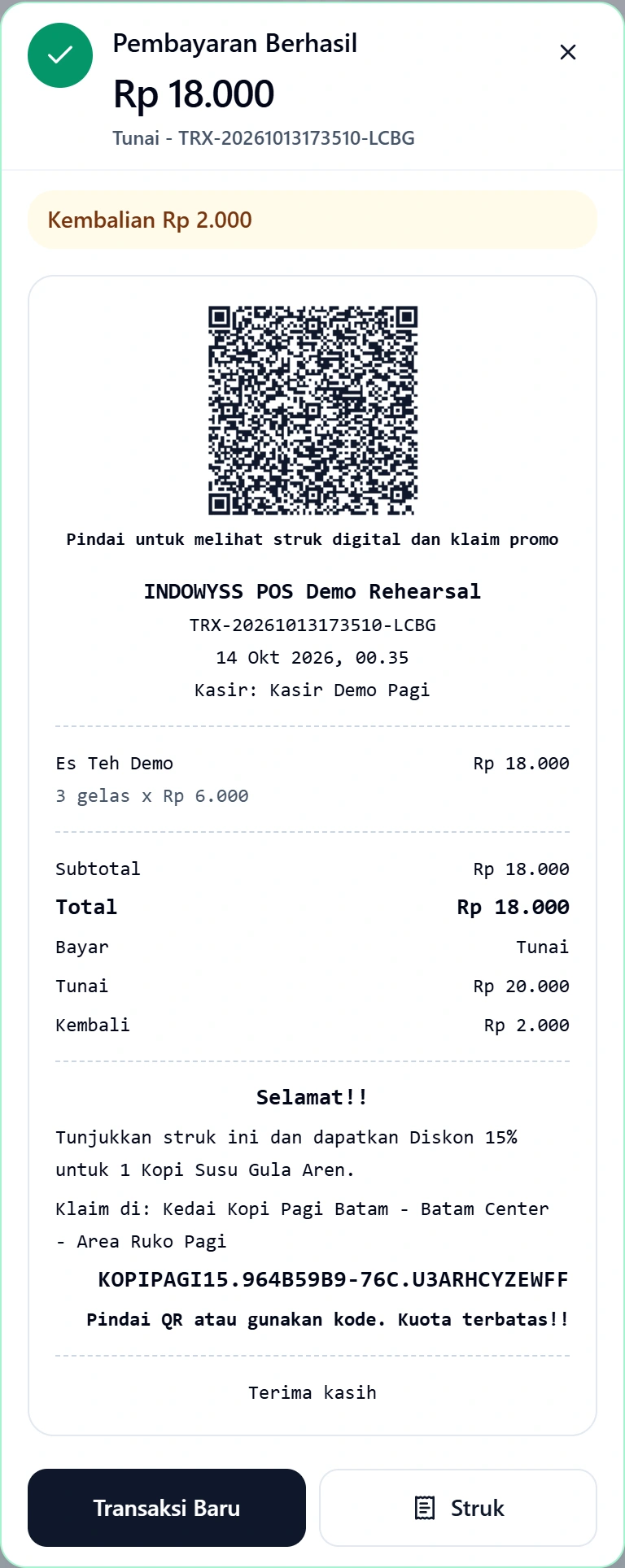 Panel Pembayaran Berhasil lengkap dari akun kasir presentasi INDOWYSS, dari nominal hingga tombol transaksi berikutnya.